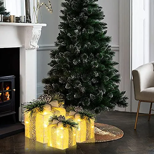 Hourleey Set of 3 Christmas Lighted Gift Boxes, Pre-lit 60 LED Light Up Present Boxes Ornament Outdoor Warm White Tinsel Boxes Decoration for Indoor Christmas Home Yard Lawn Decor