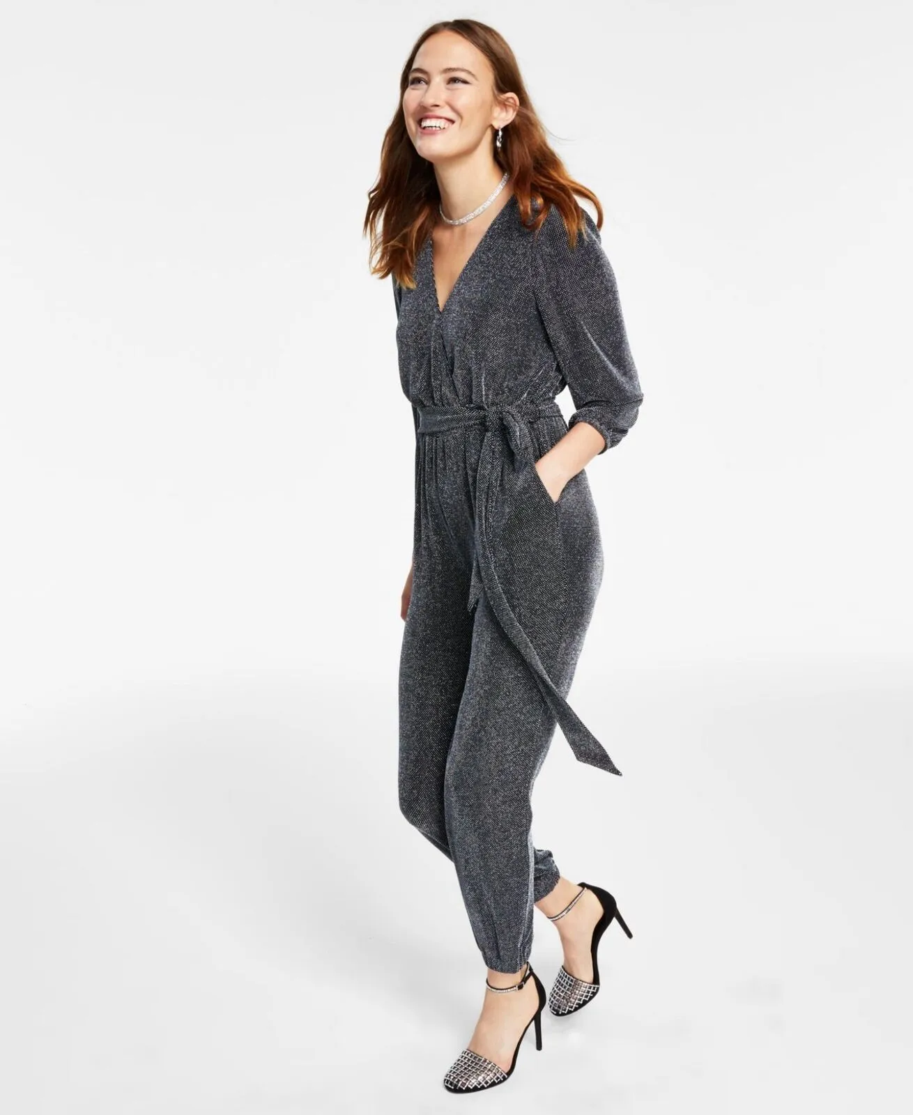 Inc International Concepts Metallic Belted Jumpsuit 10856153 Black Lurex 12