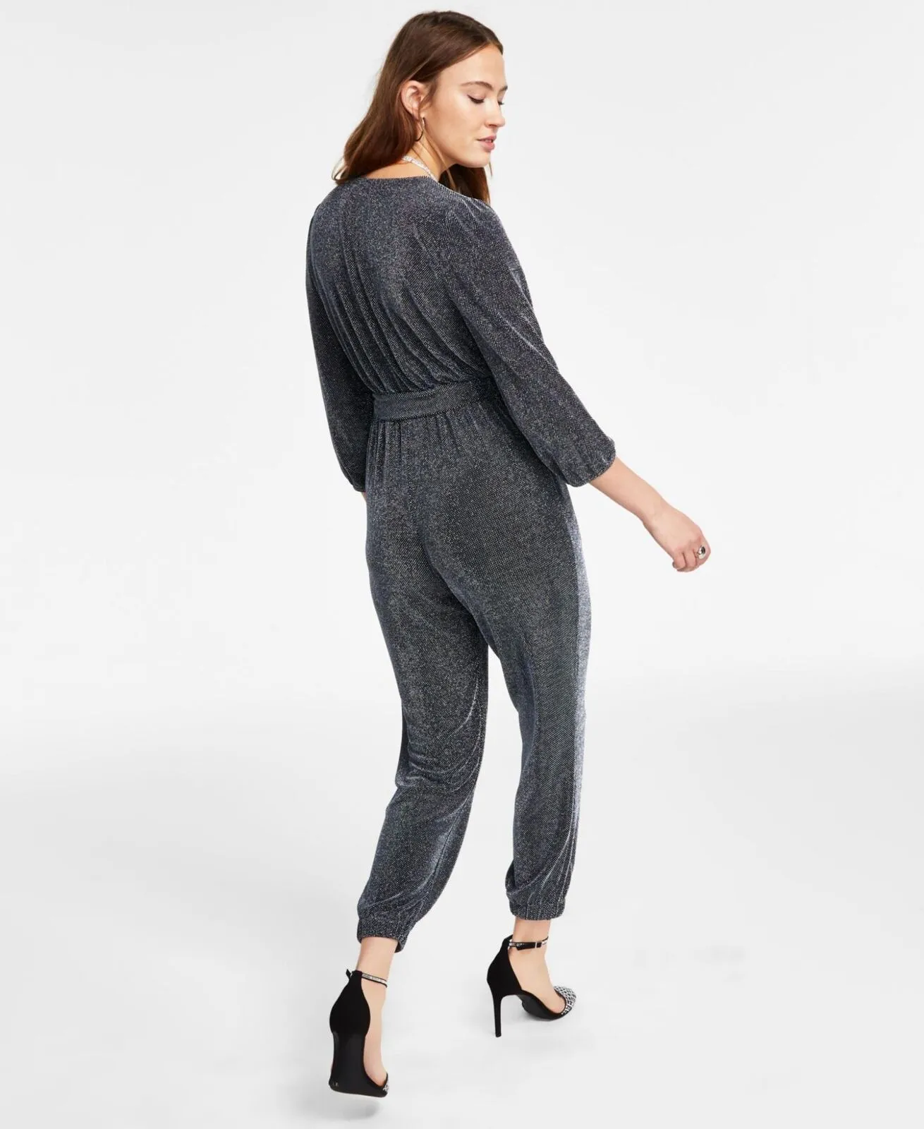 Inc International Concepts Metallic Belted Jumpsuit 10856153 Black Lurex 12