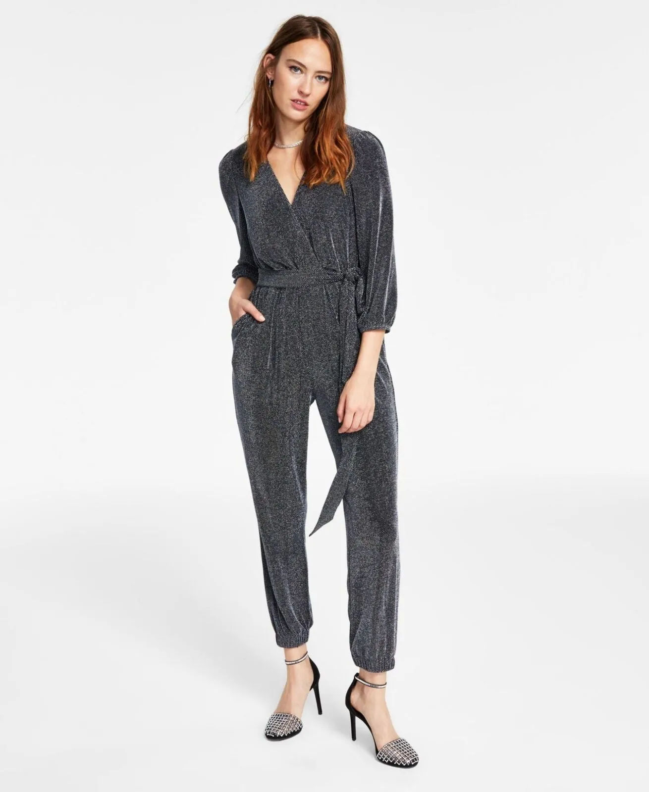 Inc International Concepts Metallic Belted Jumpsuit 10856153 Black Lurex 12