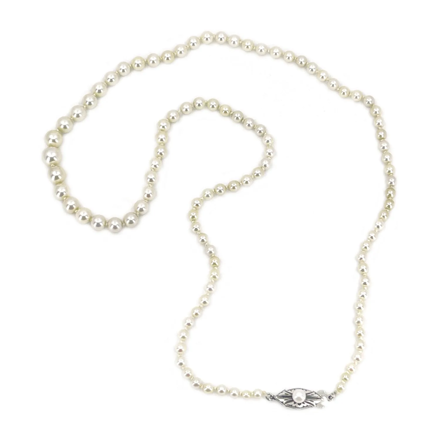 Industrial Art Deco Japanese Saltwater Cultured Akoya Pearl Graduated Vintage Necklace - Sterling Silver 21 Inch