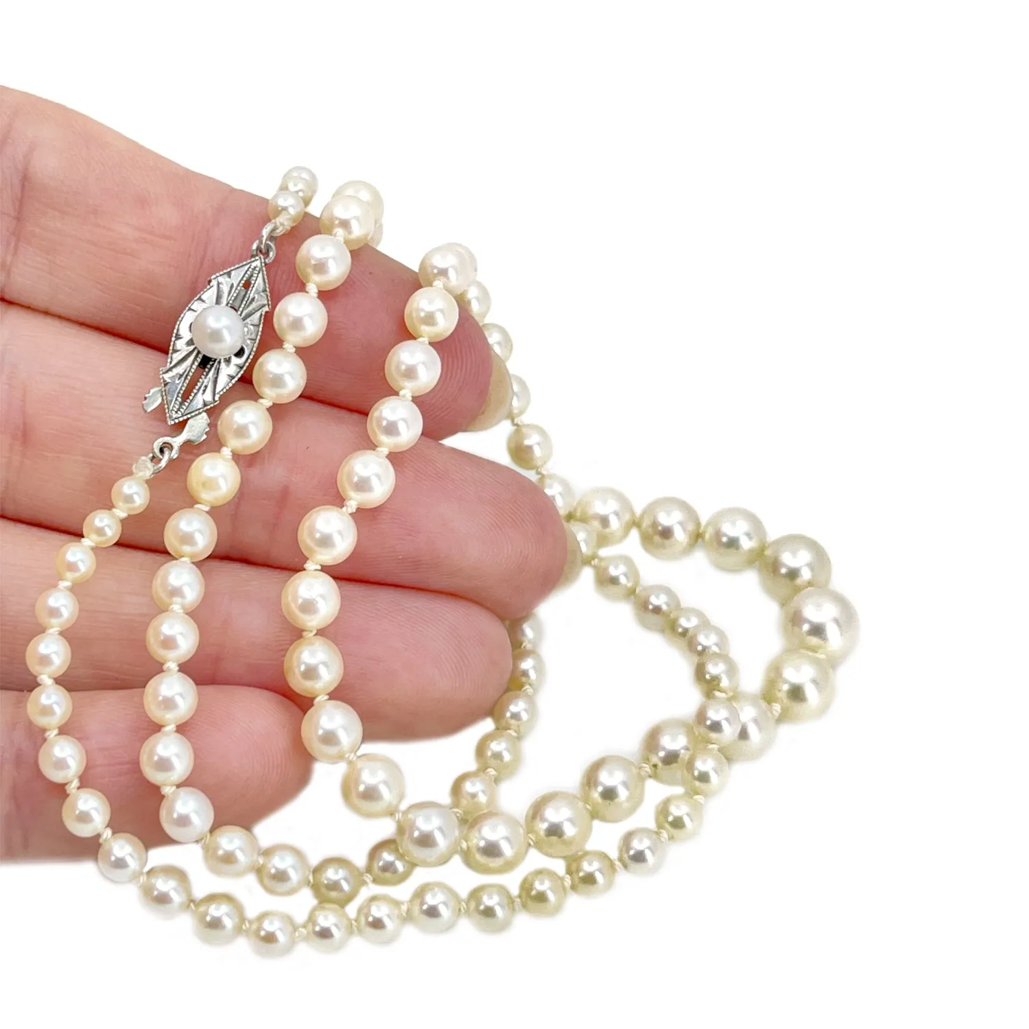Industrial Art Deco Japanese Saltwater Cultured Akoya Pearl Graduated Vintage Necklace - Sterling Silver 21 Inch