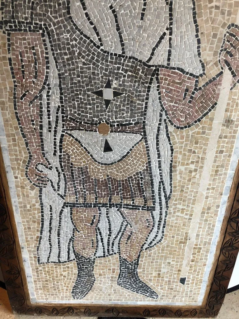 Italian Mosaic Tile Wall Plaque or Table Top of a Centurion in Wood Carved Frame