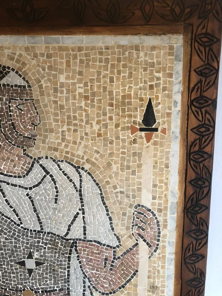 Italian Mosaic Tile Wall Plaque or Table Top of a Centurion in Wood Carved Frame