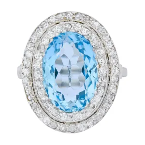 J.E. Caldwell Art Deco 6.40 CTW Aquamarine Diamond Halo Platinum Cluster Ring