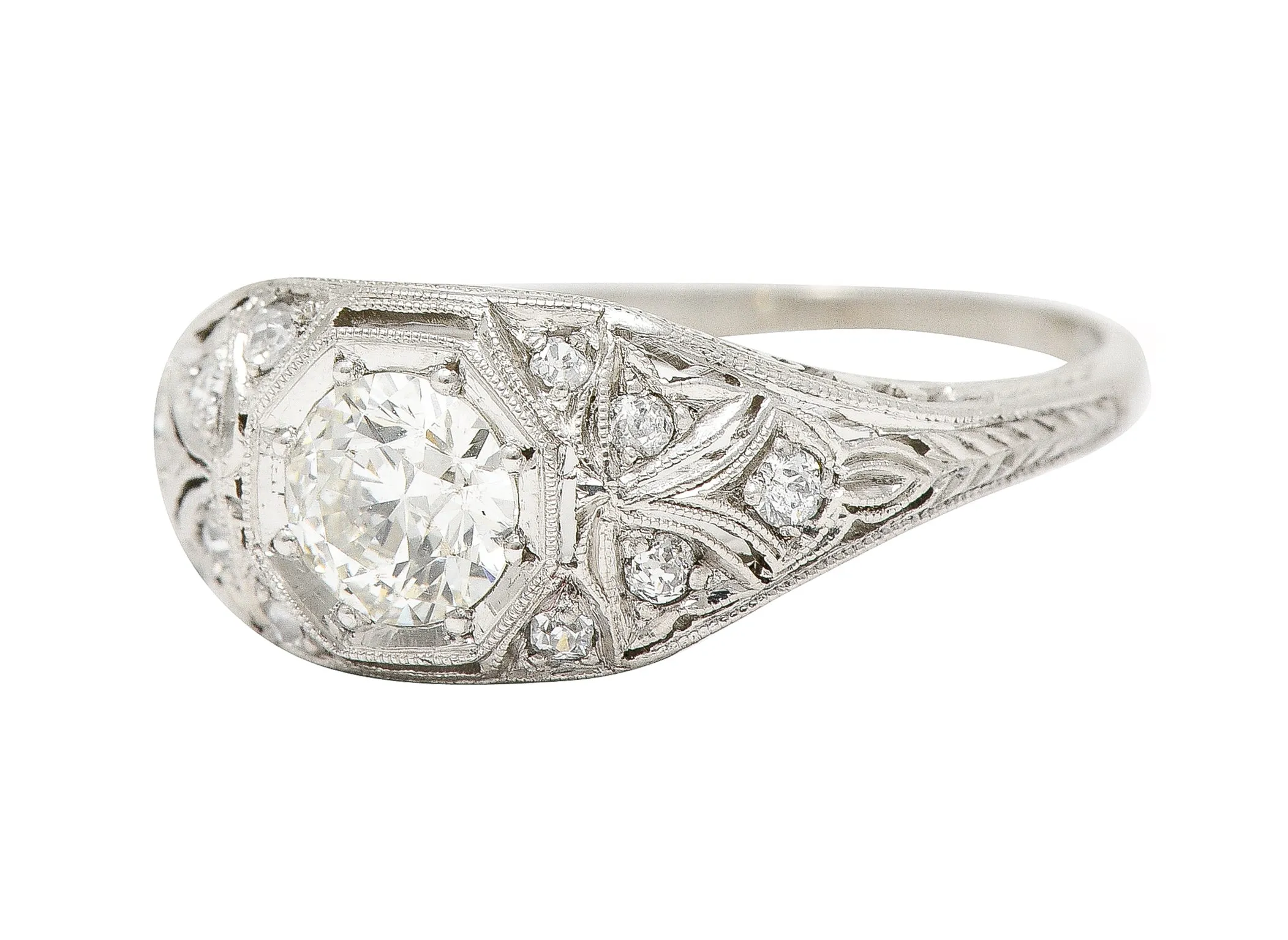Katz & Ogush Inc. Art Deco 0.71 CTW old European Cut Diamond Platinum Octagonal Foliate Engagement Ring