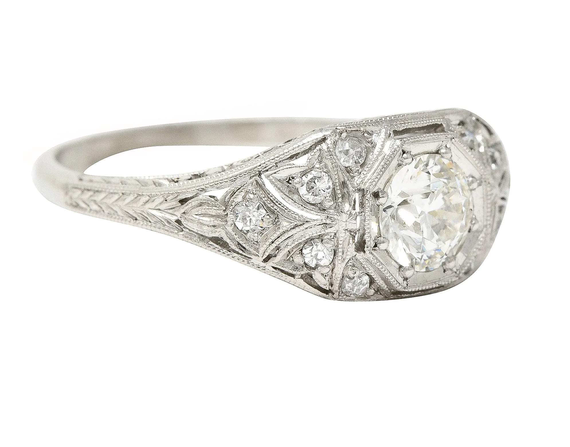 Katz & Ogush Inc. Art Deco 0.71 CTW old European Cut Diamond Platinum Octagonal Foliate Engagement Ring