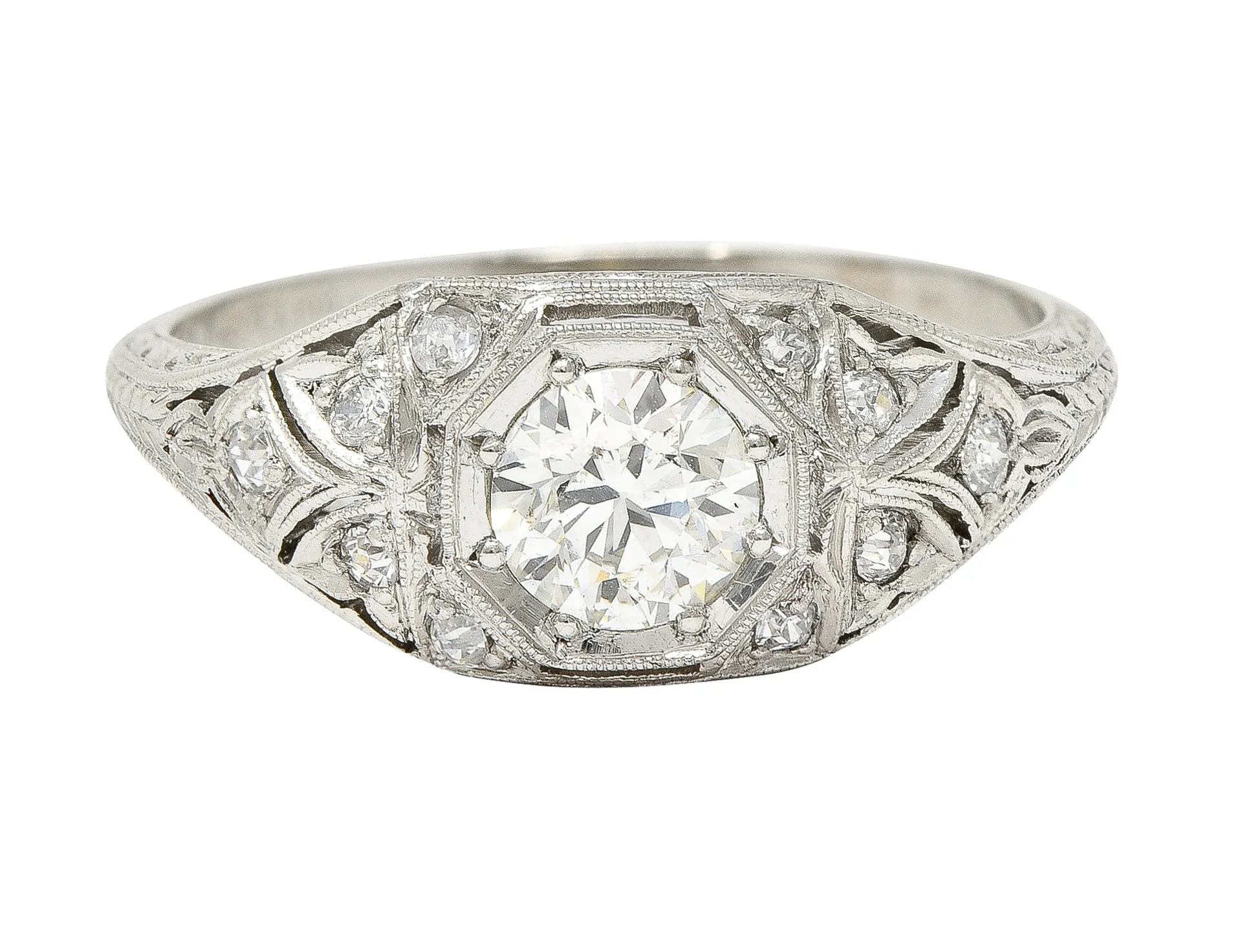 Katz & Ogush Inc. Art Deco 0.71 CTW old European Cut Diamond Platinum Octagonal Foliate Engagement Ring