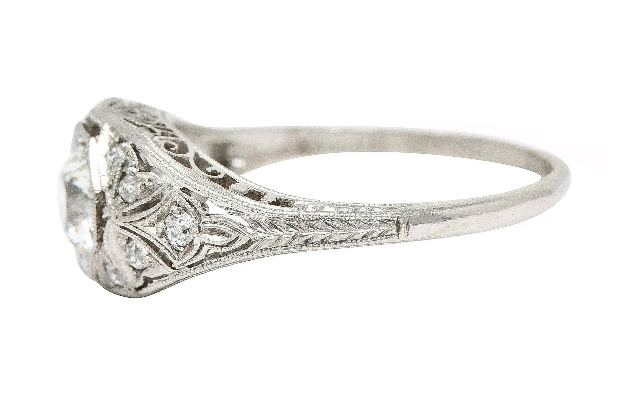 Katz & Ogush Inc. Art Deco 0.71 CTW old European Cut Diamond Platinum Octagonal Foliate Engagement Ring