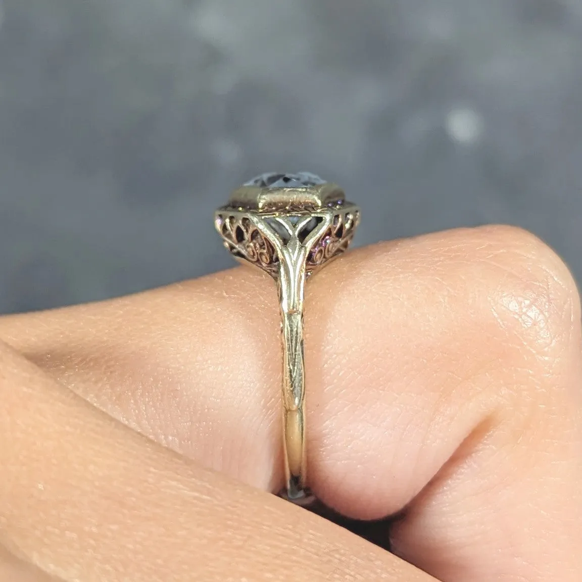 Kent & Woodland Co. Art Deco Aquamarine 14 Karat yellow Gold Scrolling Bezel Set Antique Gemstone Ring