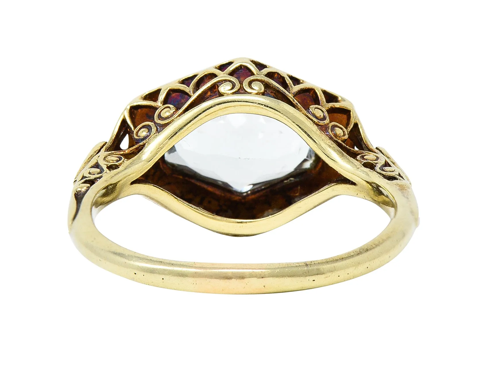 Kent & Woodland Co. Art Deco Aquamarine 14 Karat yellow Gold Scrolling Bezel Set Antique Gemstone Ring