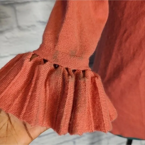 KINROSS women's burnt orange 2 ply cashmere mock neck ruffle sleeve sweater Sz M