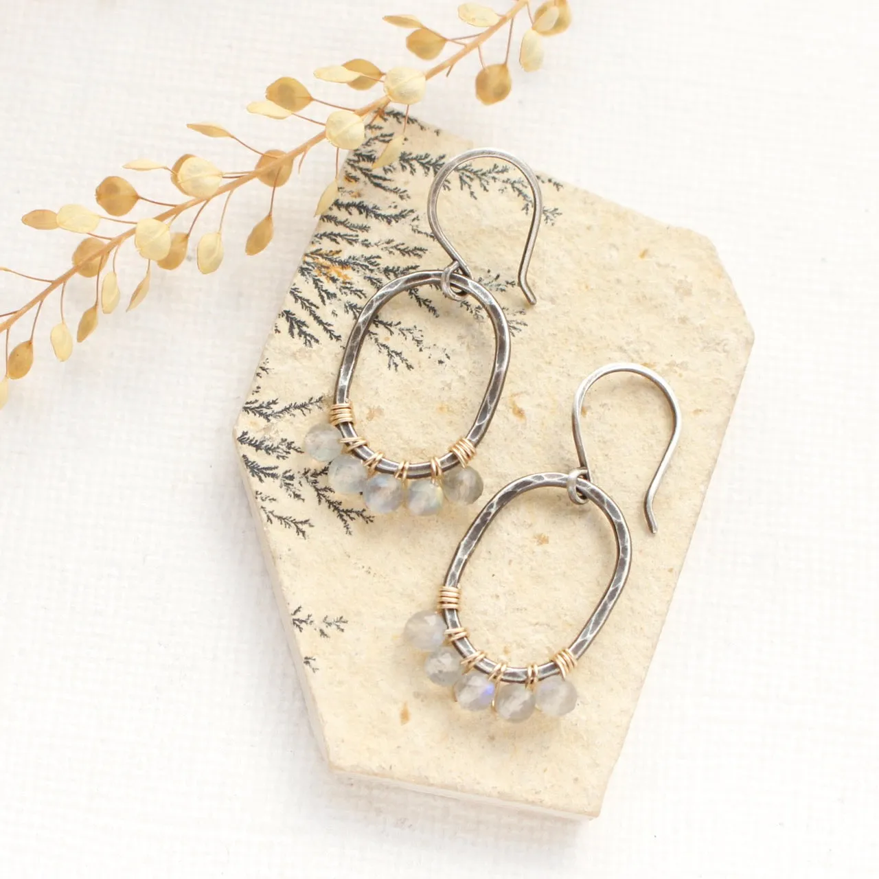 Labradorite Wrapped Mixed Metal Oval Earrings