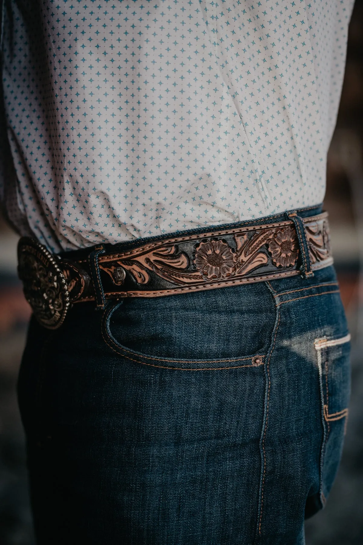 Large Floral Tooled Vintage Brown Belt by Double J Saddlery (1 7/8" tapered to 1 1/2")