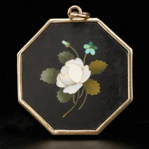 Large Victorian Octagonal Pietra Dura Pendant with Blossoming Flower in 14 Karat Gold