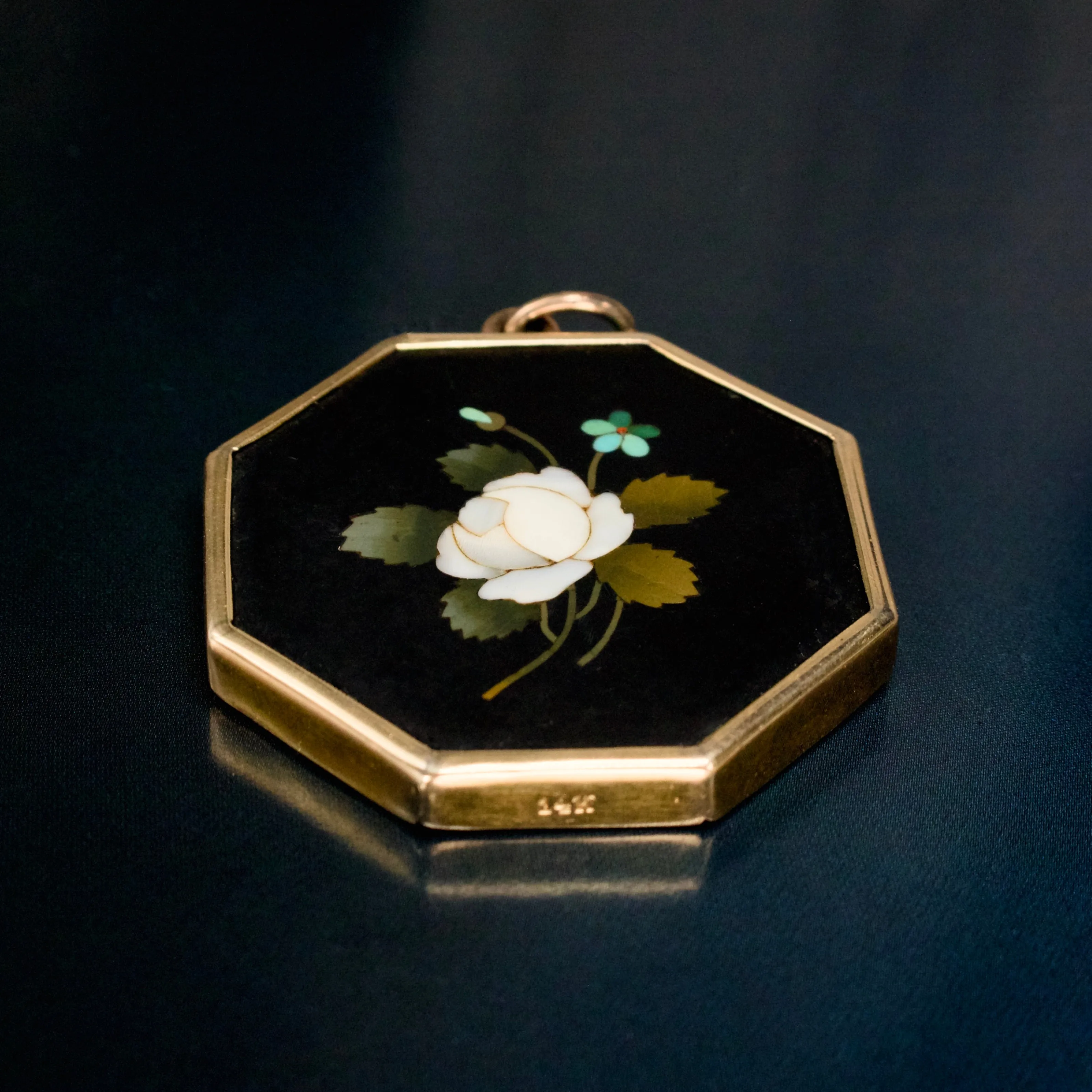 Large Victorian Octagonal Pietra Dura Pendant with Blossoming Flower in 14 Karat Gold