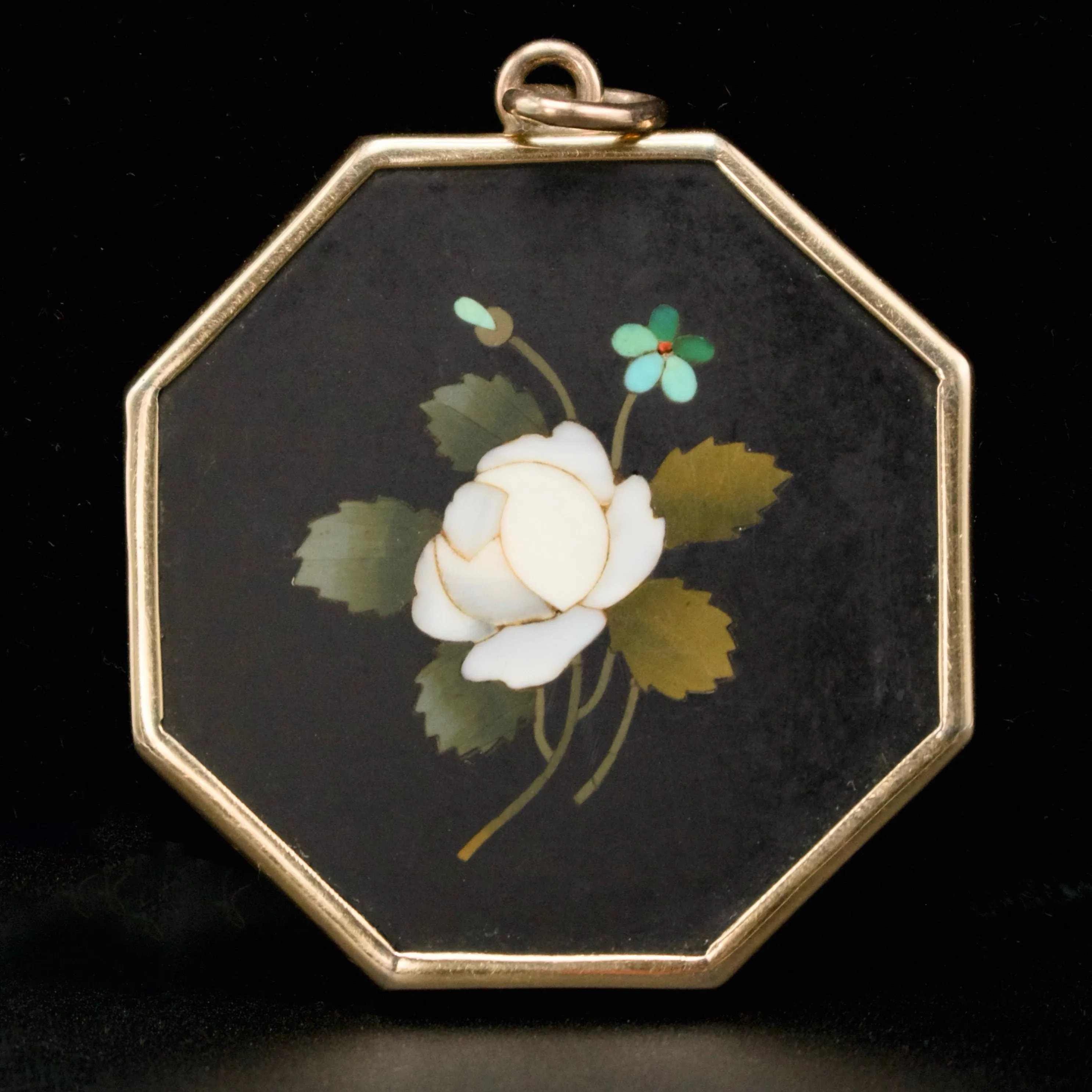 Large Victorian Octagonal Pietra Dura Pendant with Blossoming Flower in 14 Karat Gold