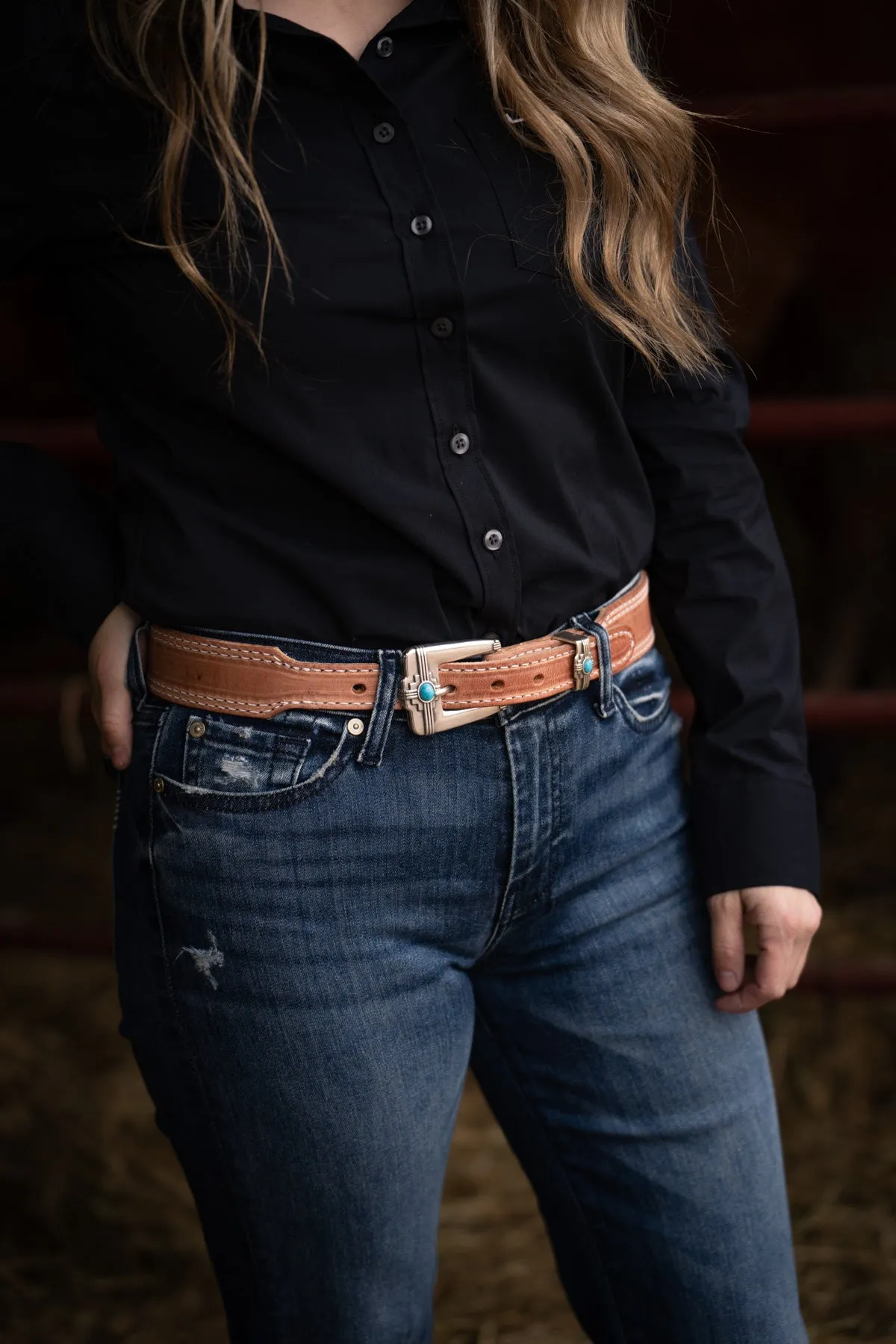 Light Leather Belt with Double Row White Stitching and Turquoise and Silver Buckle by Double J Saddlery (1 1/2" tapered to 1")