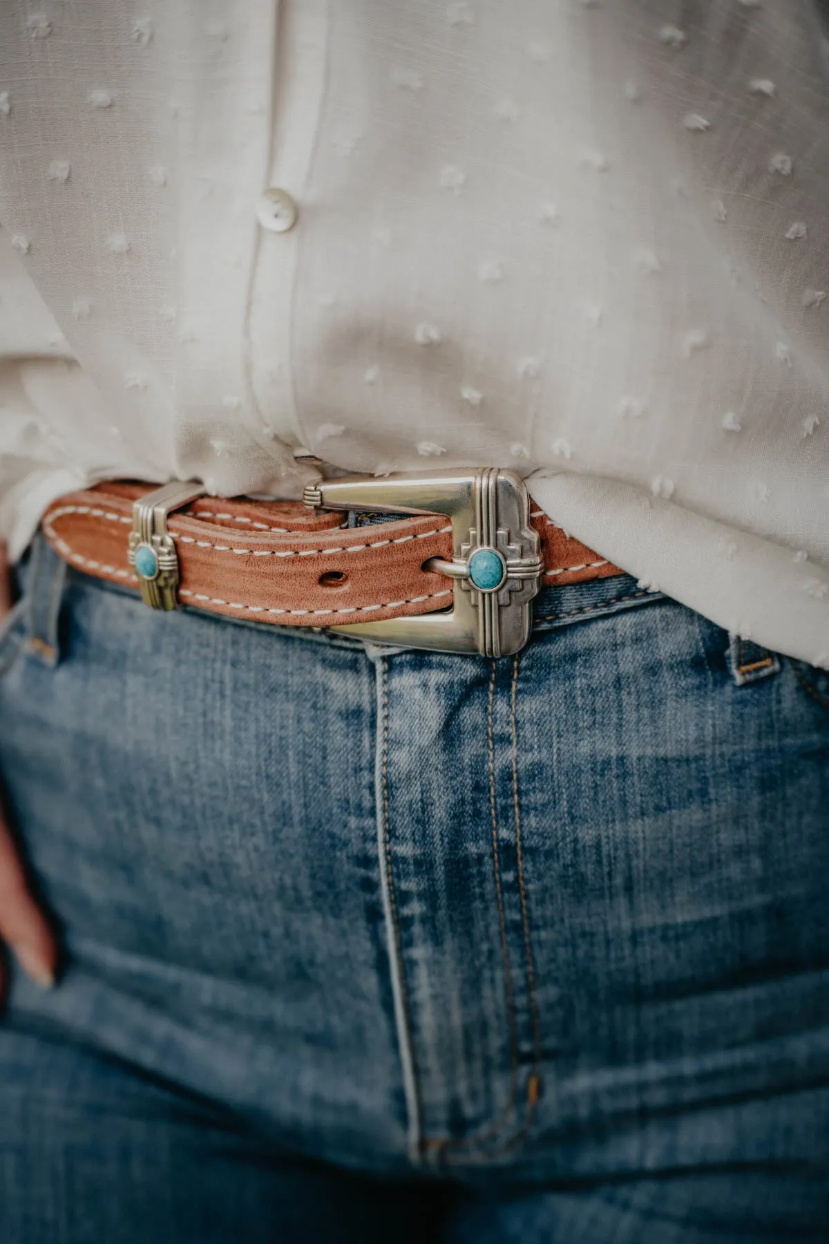 Light Leather Belt with Double Row White Stitching and Turquoise and Silver Buckle by Double J Saddlery (1 1/2" tapered to 1")