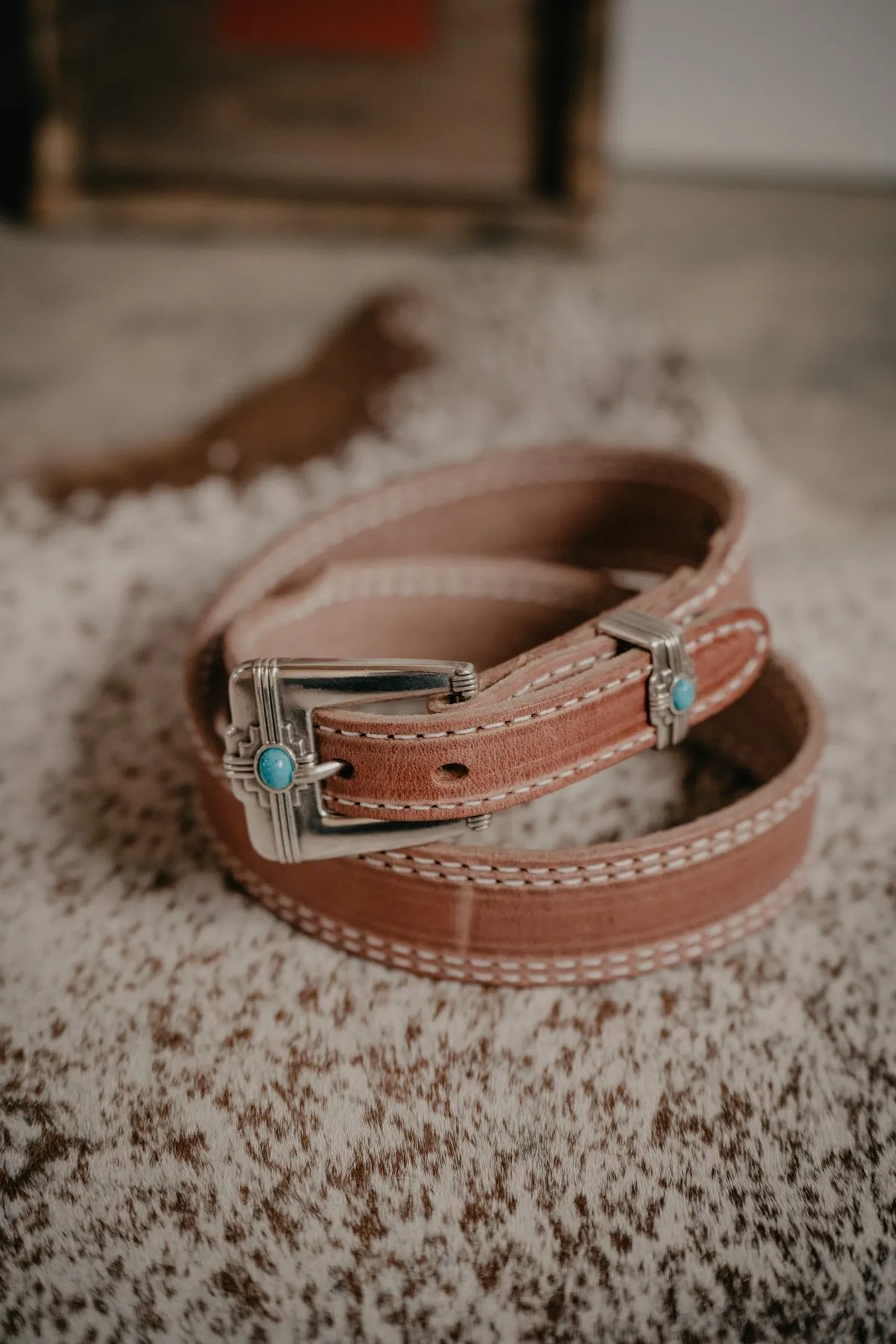 Light Leather Belt with Double Row White Stitching and Turquoise and Silver Buckle by Double J Saddlery (1 1/2" tapered to 1")