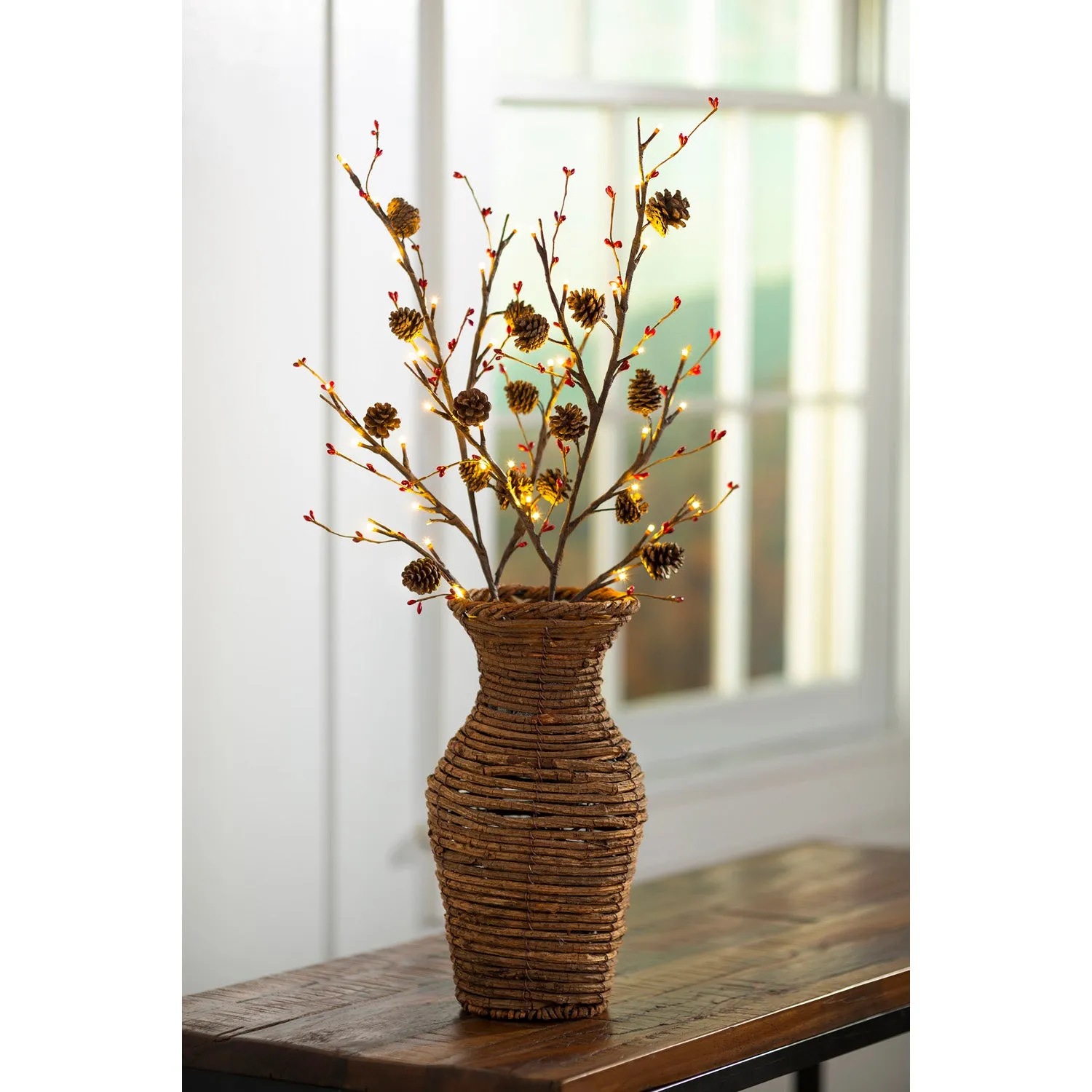 Lighted Branches With Natural Pine Cones and Faux Red Berries Set of 2,65j60