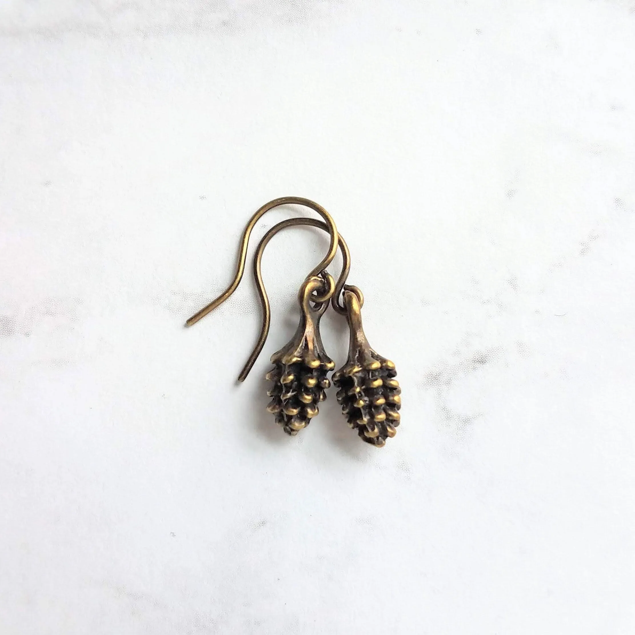 Little Pinecone Earrings, small antique brass pine cone, bronze pine cone charm, fall jewelry, tiny pine cone dangle, pine cone earrings