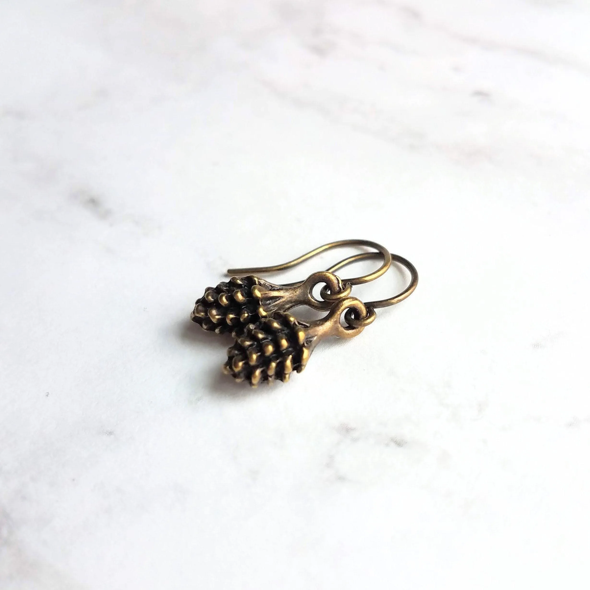Little Pinecone Earrings, small antique brass pine cone, bronze pine cone charm, fall jewelry, tiny pine cone dangle, pine cone earrings