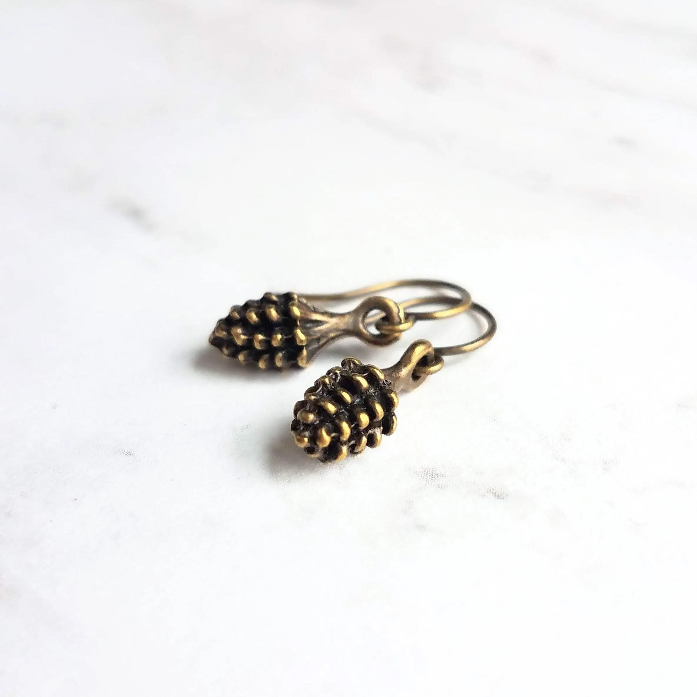 Little Pinecone Earrings, small antique brass pine cone, bronze pine cone charm, fall jewelry, tiny pine cone dangle, pine cone earrings