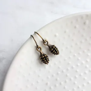 Little Pinecone Earrings, small antique brass pine cone, bronze pine cone charm, fall jewelry, tiny pine cone dangle, pine cone earrings