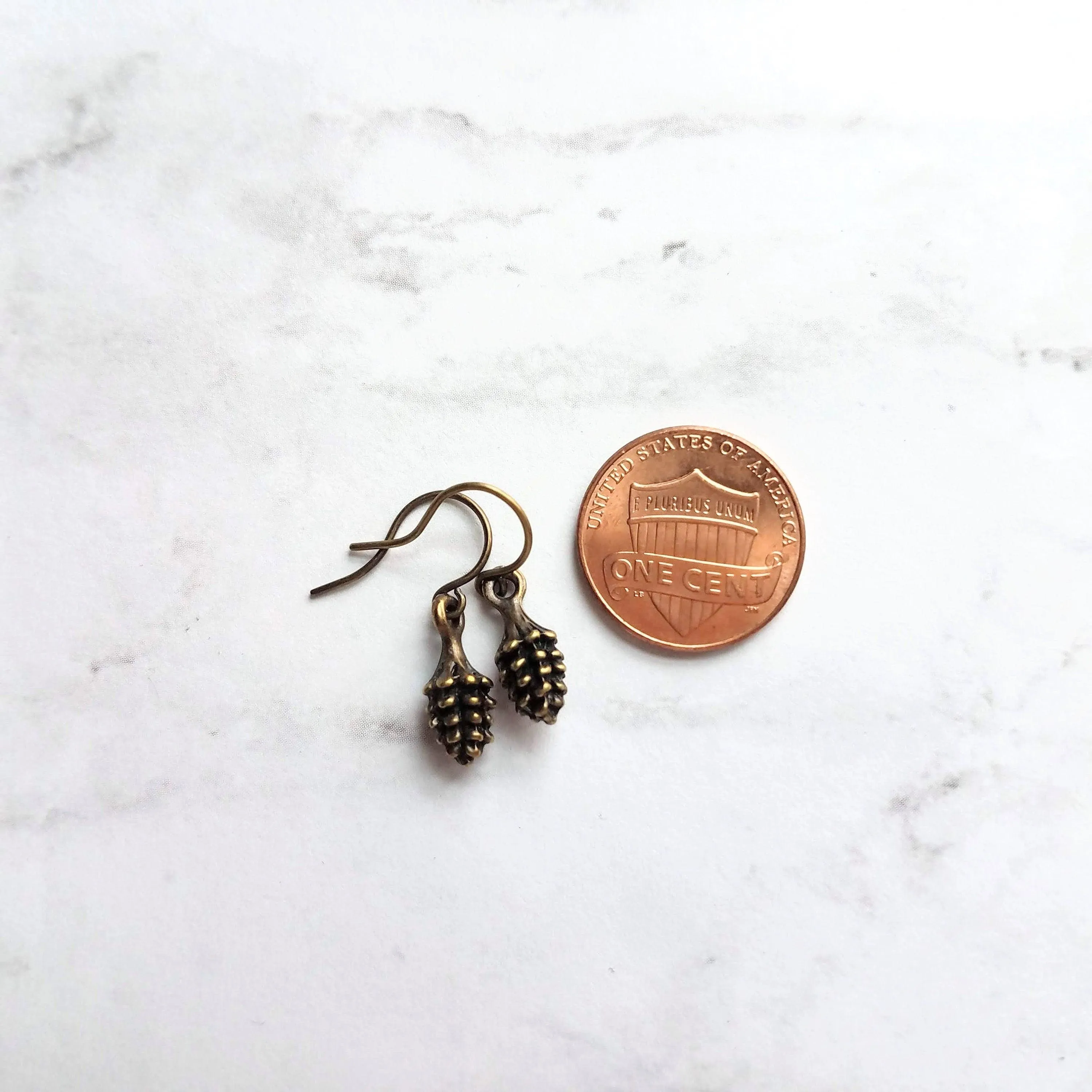 Little Pinecone Earrings, small antique brass pine cone, bronze pine cone charm, fall jewelry, tiny pine cone dangle, pine cone earrings