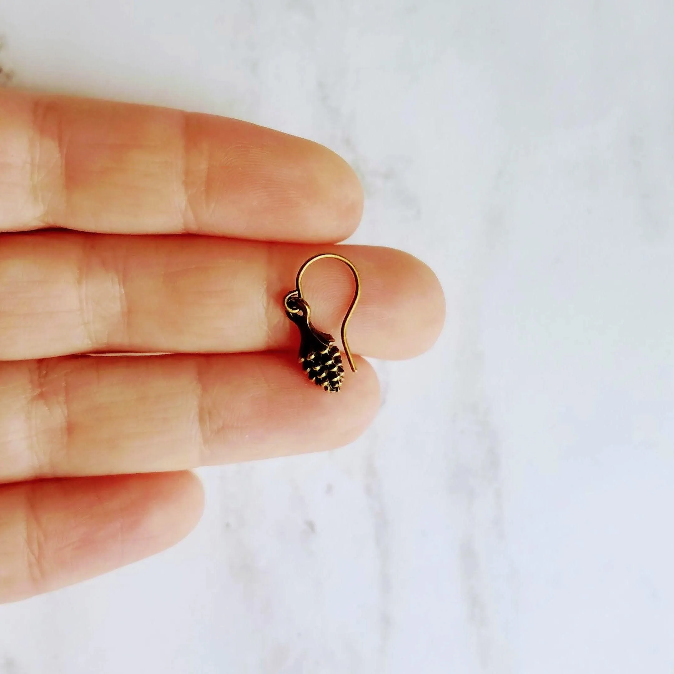 Little Pinecone Earrings, small antique brass pine cone, bronze pine cone charm, fall jewelry, tiny pine cone dangle, pine cone earrings