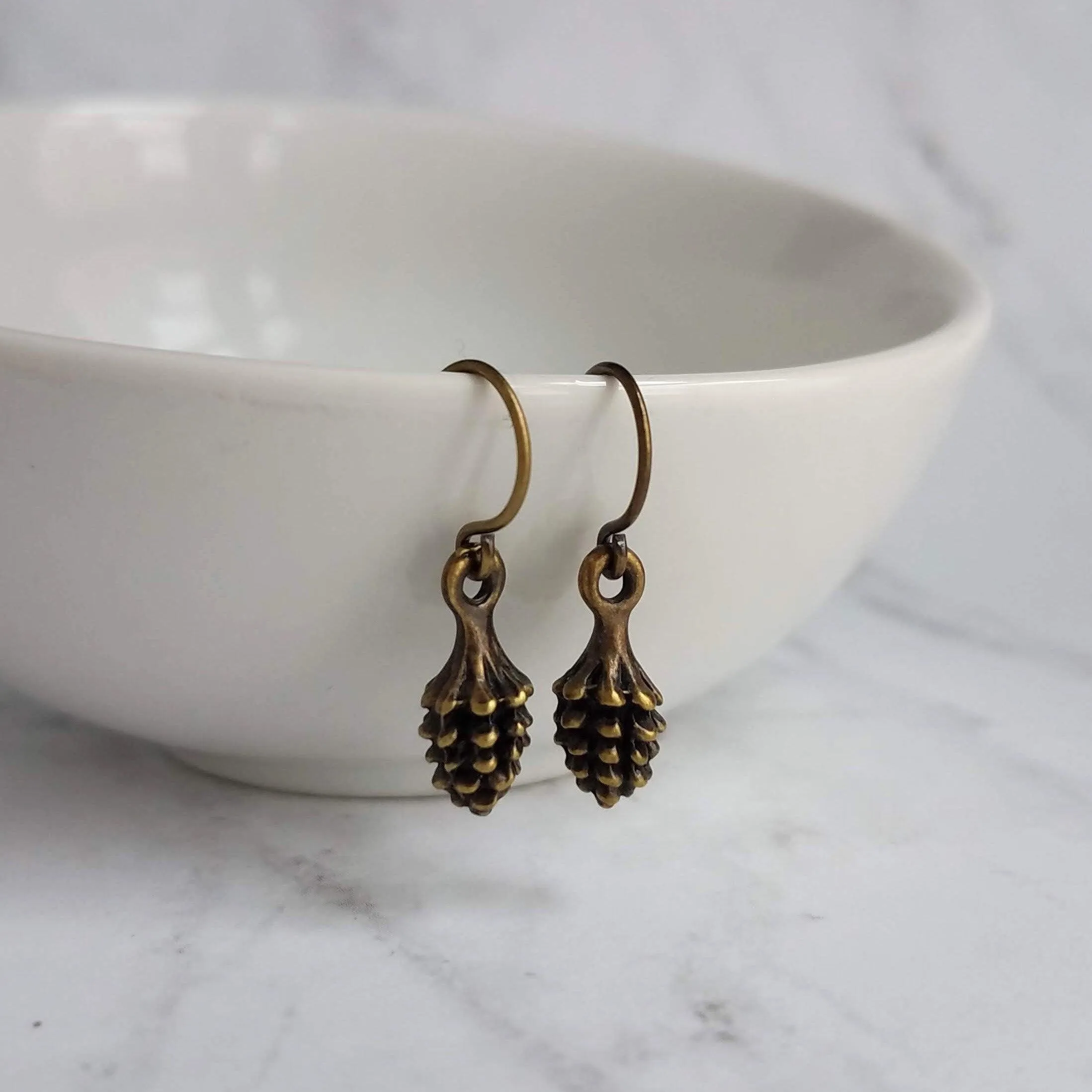 Little Pinecone Earrings, small antique brass pine cone, bronze pine cone charm, fall jewelry, tiny pine cone dangle, pine cone earrings