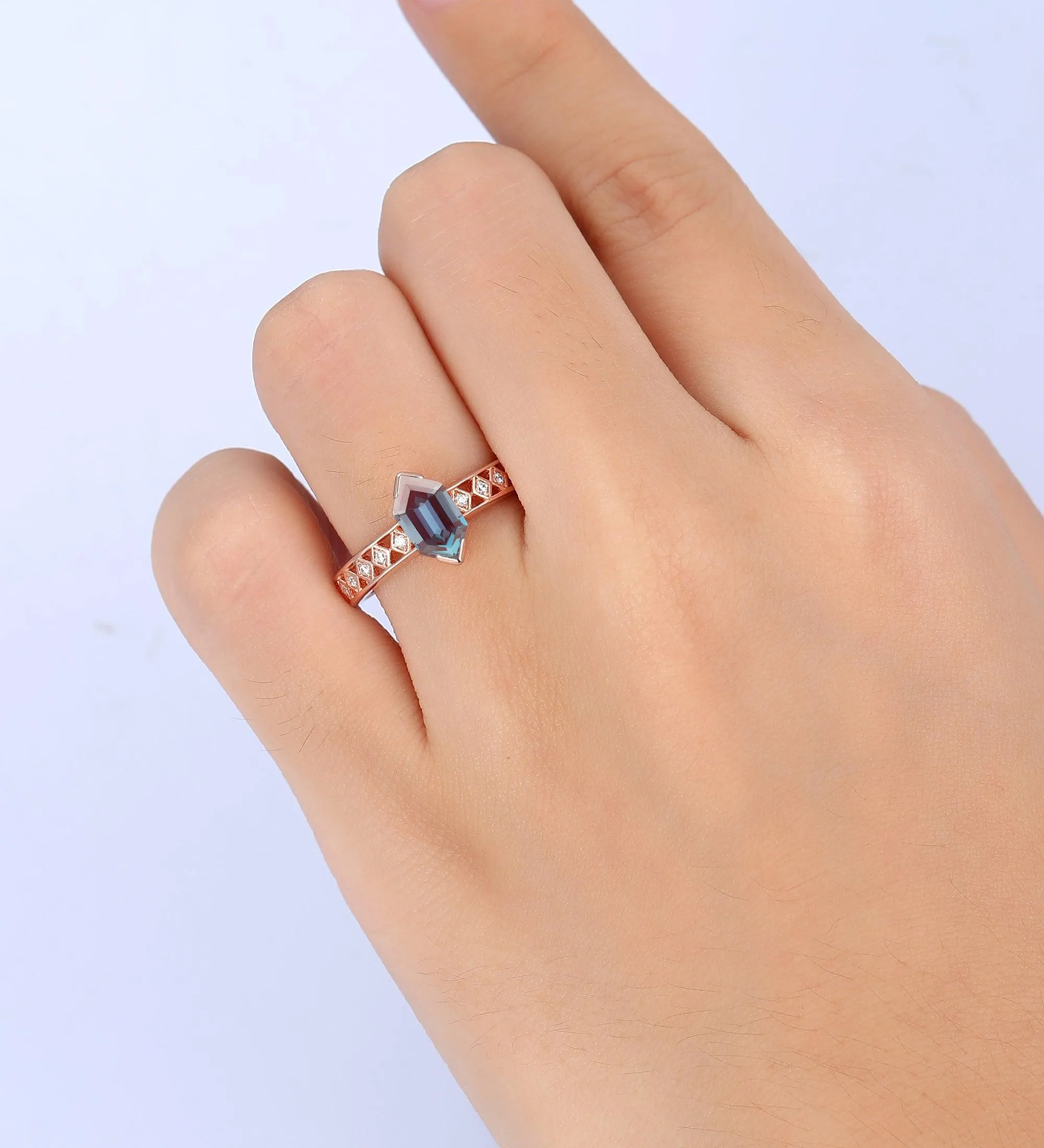 Long Hexagon Cut  Rose Gold Silver  Alexandrite Ring Minimalist Vintage