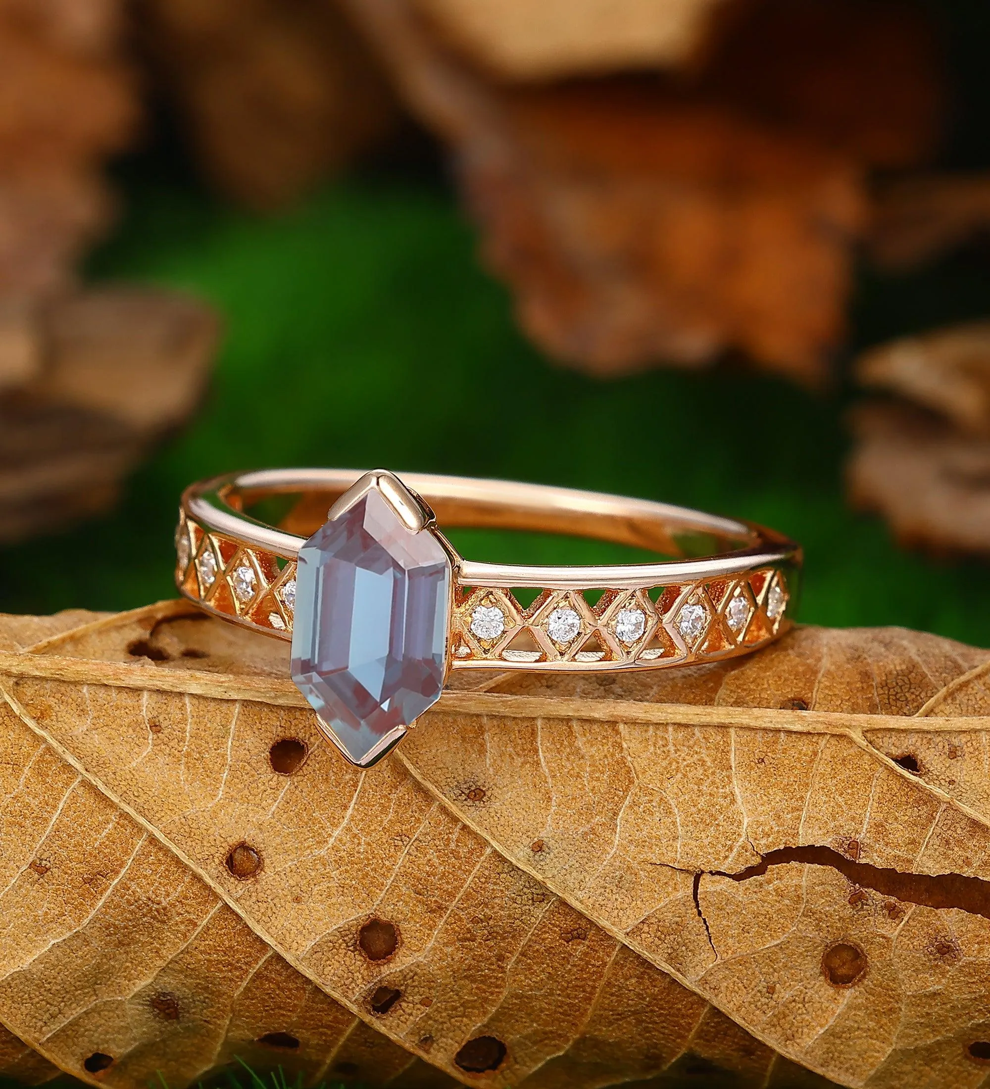 Long Hexagon Cut  Rose Gold Silver  Alexandrite Ring Minimalist Vintage