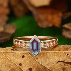 Long Hexagon Cut  Rose Gold Silver  Alexandrite Ring Minimalist Vintage