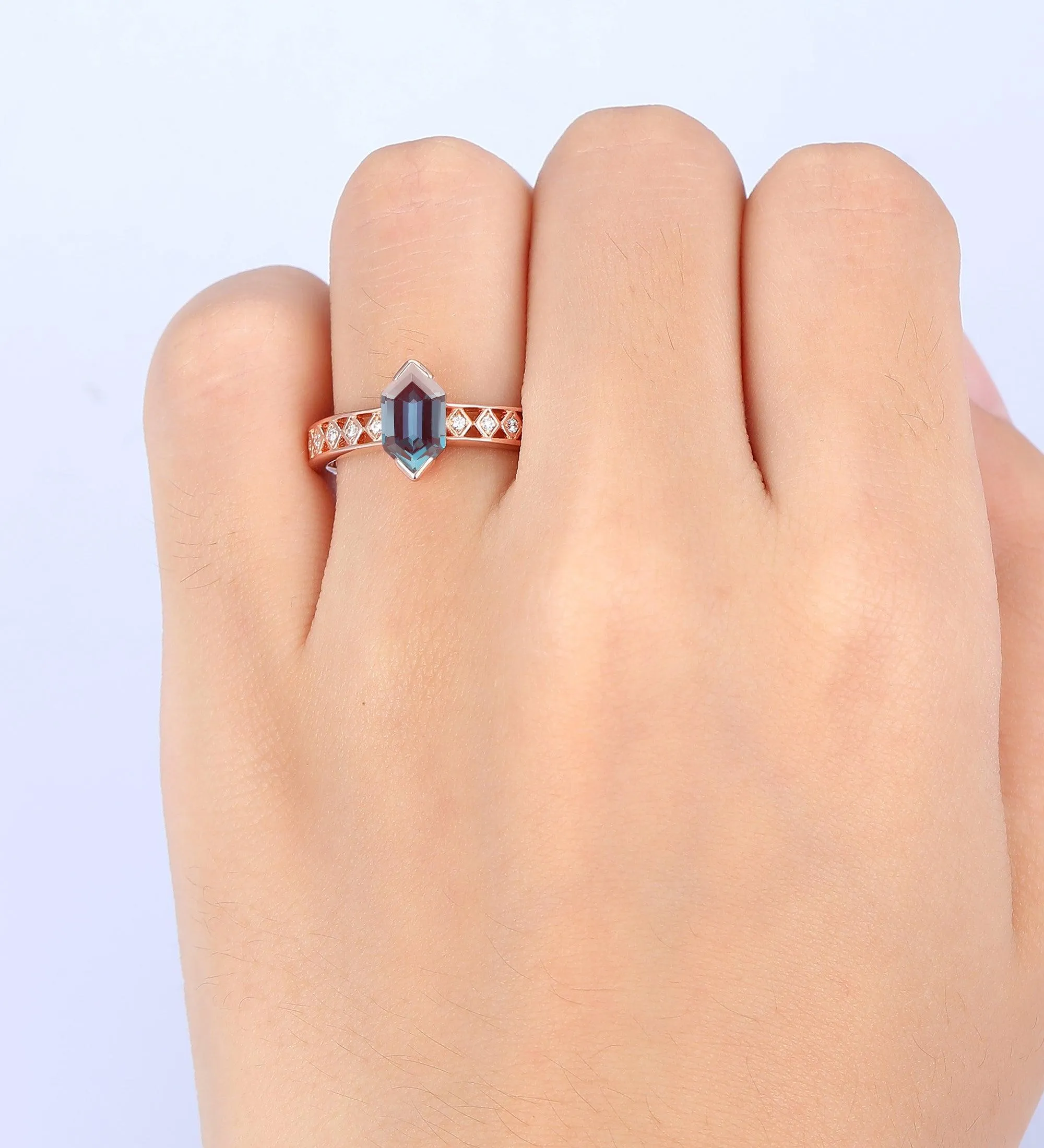 Long Hexagon Cut  Rose Gold Silver  Alexandrite Ring Minimalist Vintage