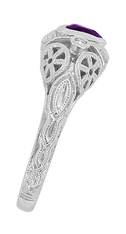 Low Profile Art Deco Heart Shaped Amethyst and Diamond Filigree Engagement Ring in 14 Karat White Gold