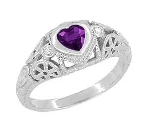 Low Profile Art Deco Heart Shaped Amethyst and Diamond Filigree Engagement Ring in 14 Karat White Gold