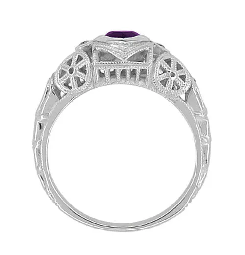 Low Profile Art Deco Heart Shaped Amethyst and Diamond Filigree Engagement Ring in 14 Karat White Gold
