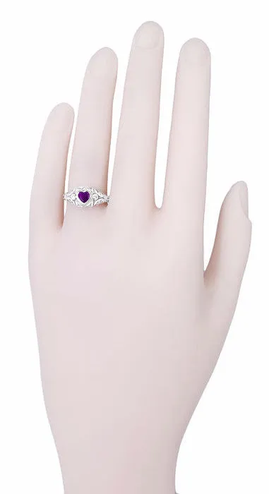 Low Profile Art Deco Heart Shaped Amethyst and Diamond Filigree Engagement Ring in 14 Karat White Gold
