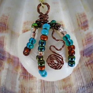 Lucina Seashell  Handmade Pendant-Vintage Wire Wrapped-Multi Color Glass Beads-Boho Style