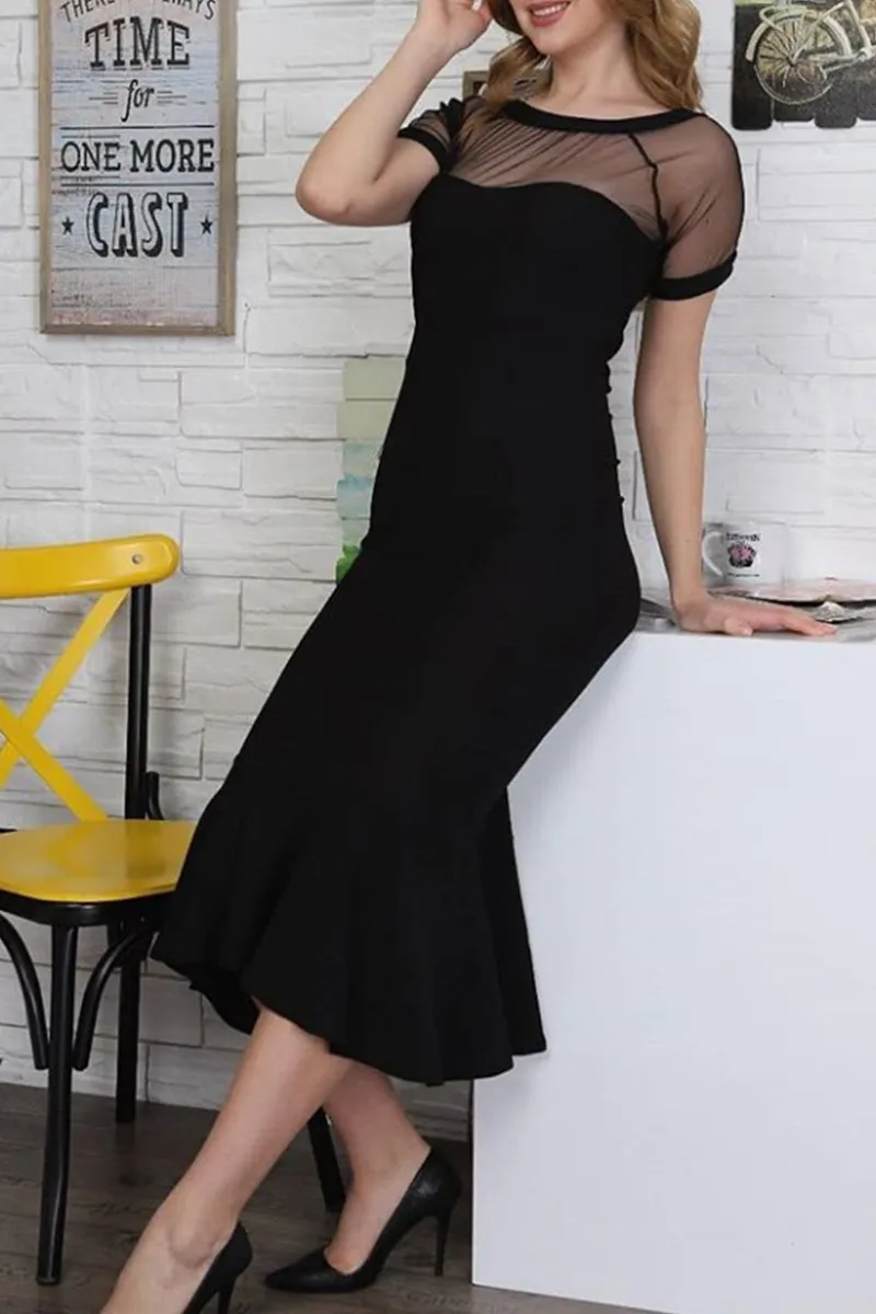 MACloth Cap Sleeves Illusion Sheath Midi Formal Party Dress Elegant Mother of the Brides Dress