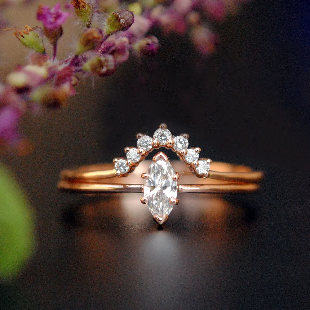 Marquise Diamond Engagement Ring with Curved Wedding Band Stack Rings