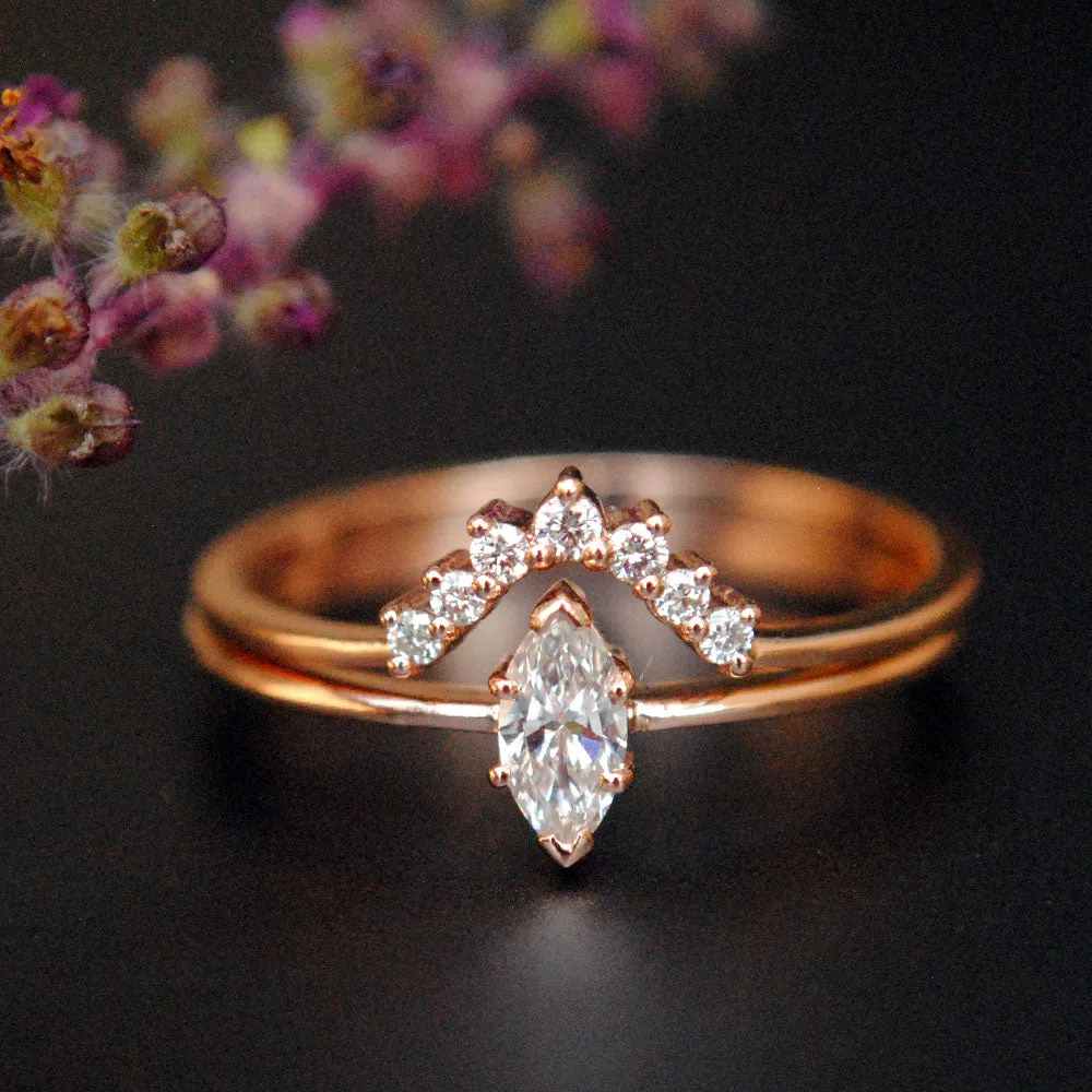 Marquise Diamond Engagement Ring with Curved Wedding Band Stack Rings