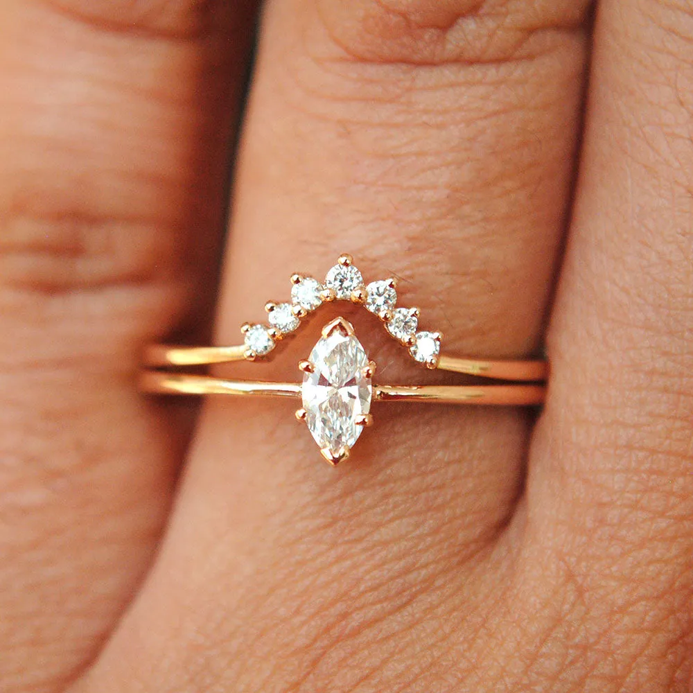Marquise Diamond Engagement Ring with Curved Wedding Band Stack Rings