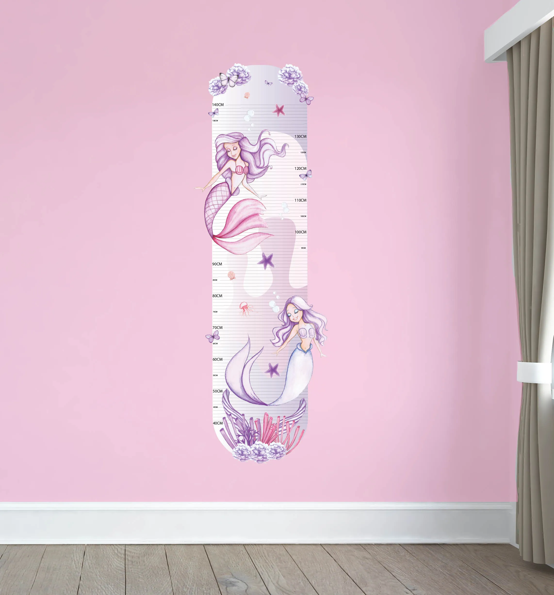 Mermaid Height Chart Australian Design Hand Painted Peel & Stick, Removable Wall Decal. Nursery, Kids Playroom, Kids Teens Bedroom