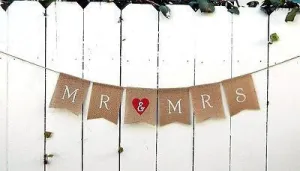 Mr and Mrs Burlap Red Heart Wedding Banner Photo Prop Rustic Flag Banner