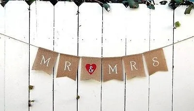 Mr and Mrs Burlap Red Heart Wedding Banner Photo Prop Rustic Flag Banner