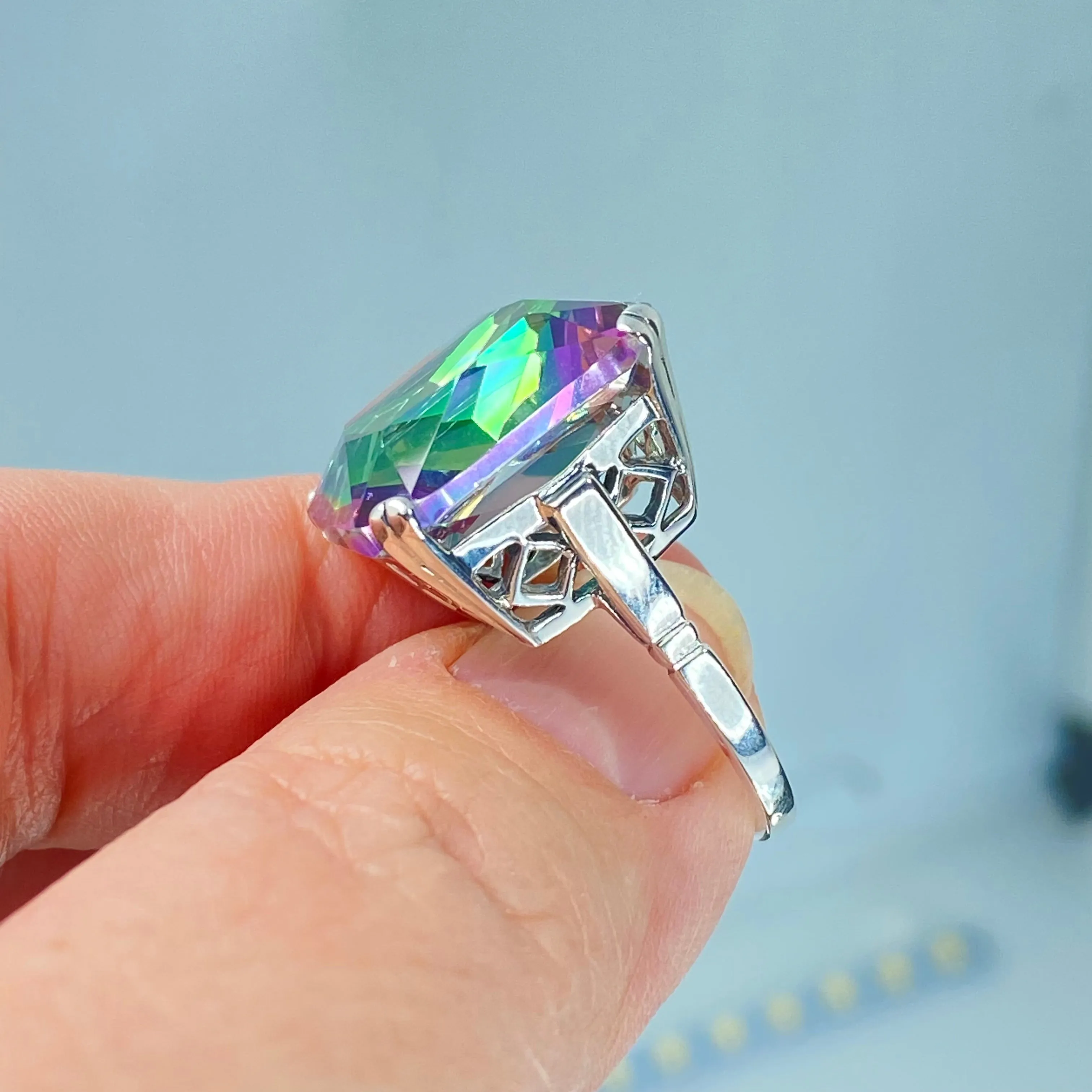 Mystic Topaz Ring, 20ct Big Huge Square Gem, Vintage Jewelry #D1