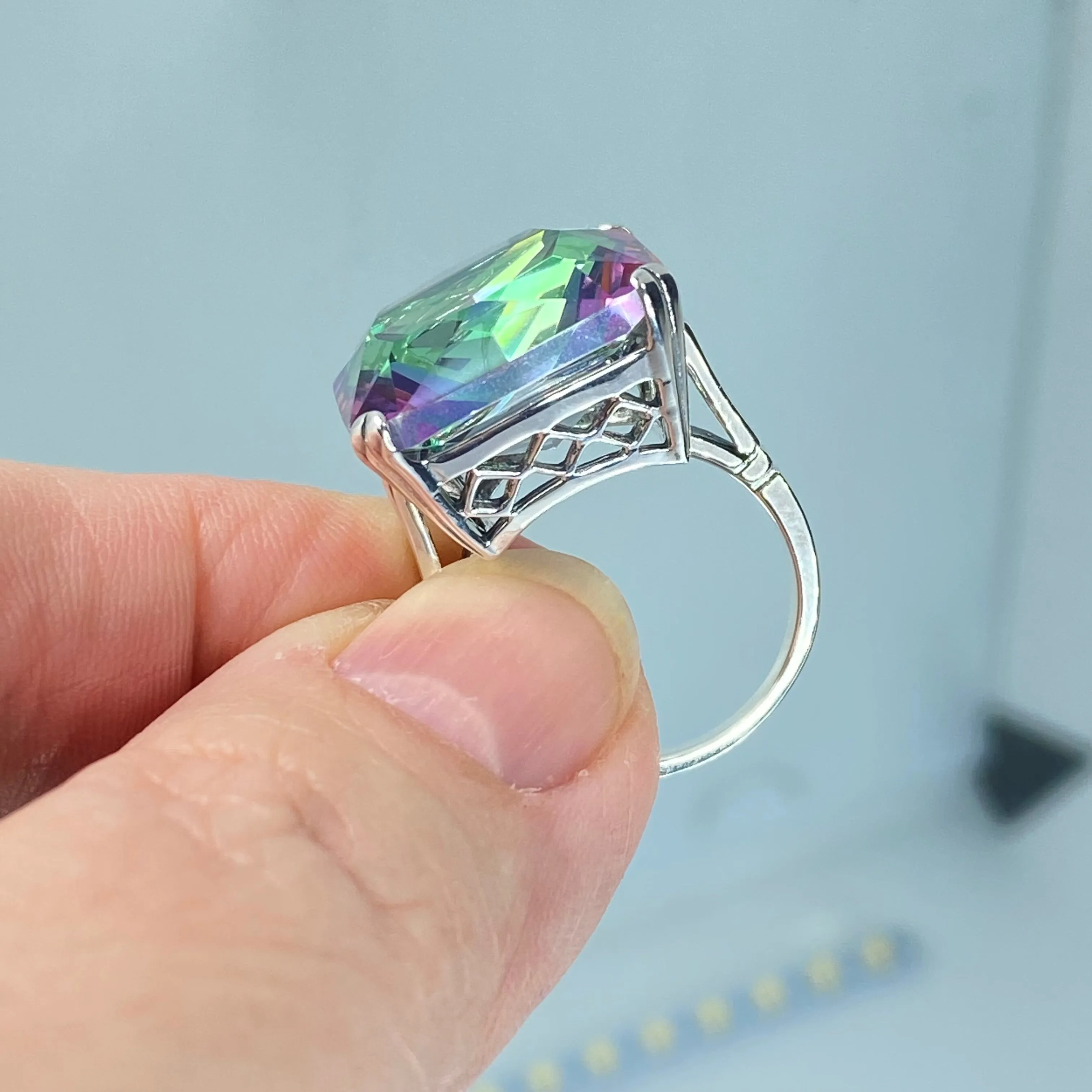 Mystic Topaz Ring, 20ct Big Huge Square Gem, Vintage Jewelry #D1